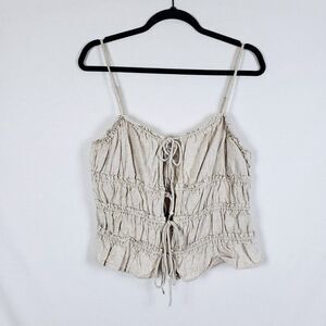 Tie-Front Ruched Camisole Womens M Linen Renaissance Festival Boho Beige H&M